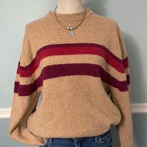 Size L-XL, Wool & Co. chunky knit sweater, beige and maroon, heavyweight